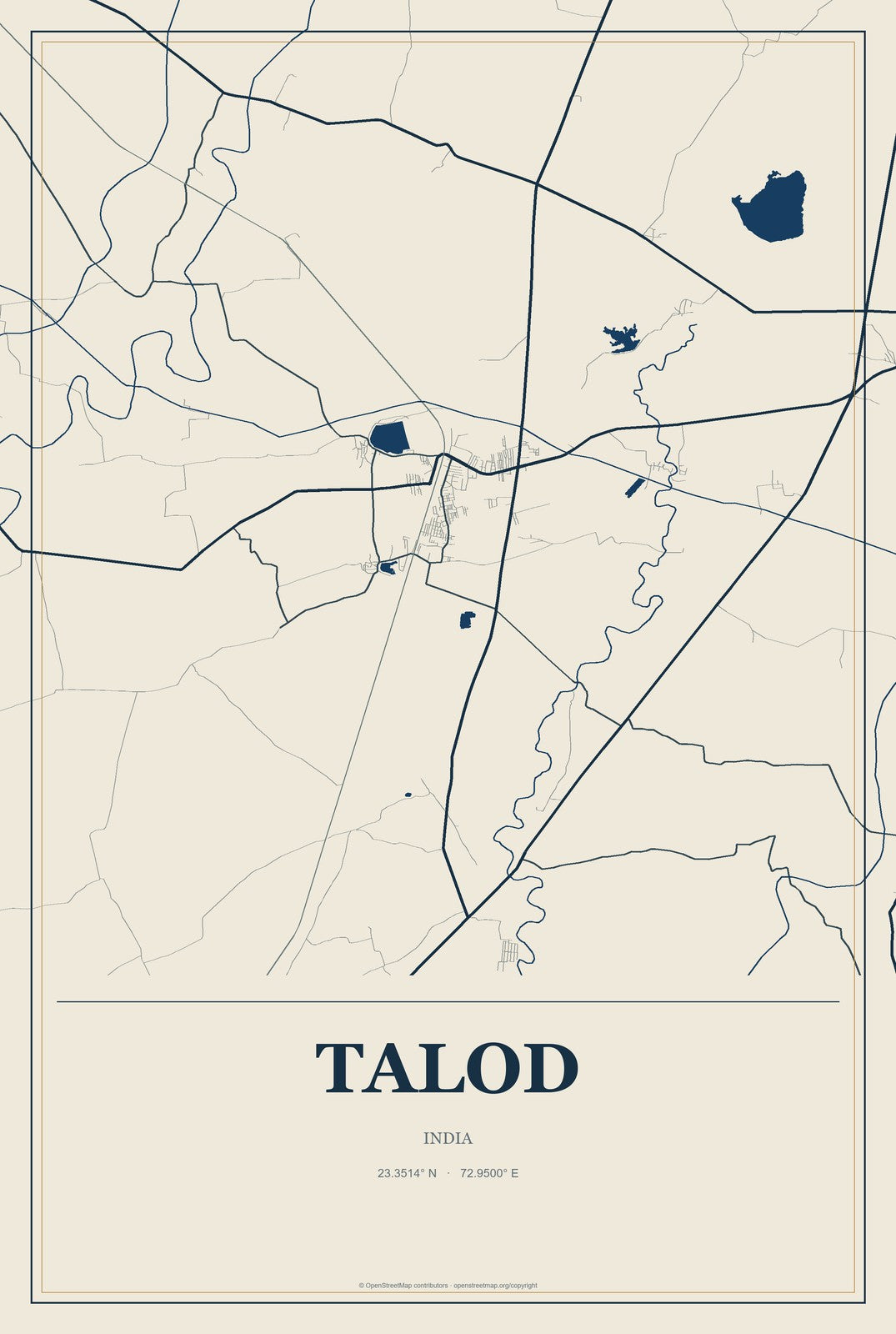 Talod, India City Map Aluminum Sign in Coastal Cutout style