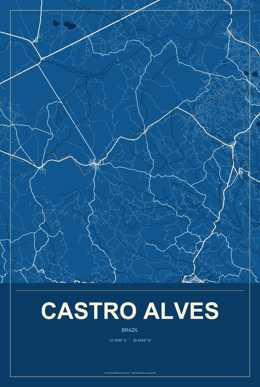 Castro Alves, Brazil City Map Aluminum Sign in Harbor Cobalt style
