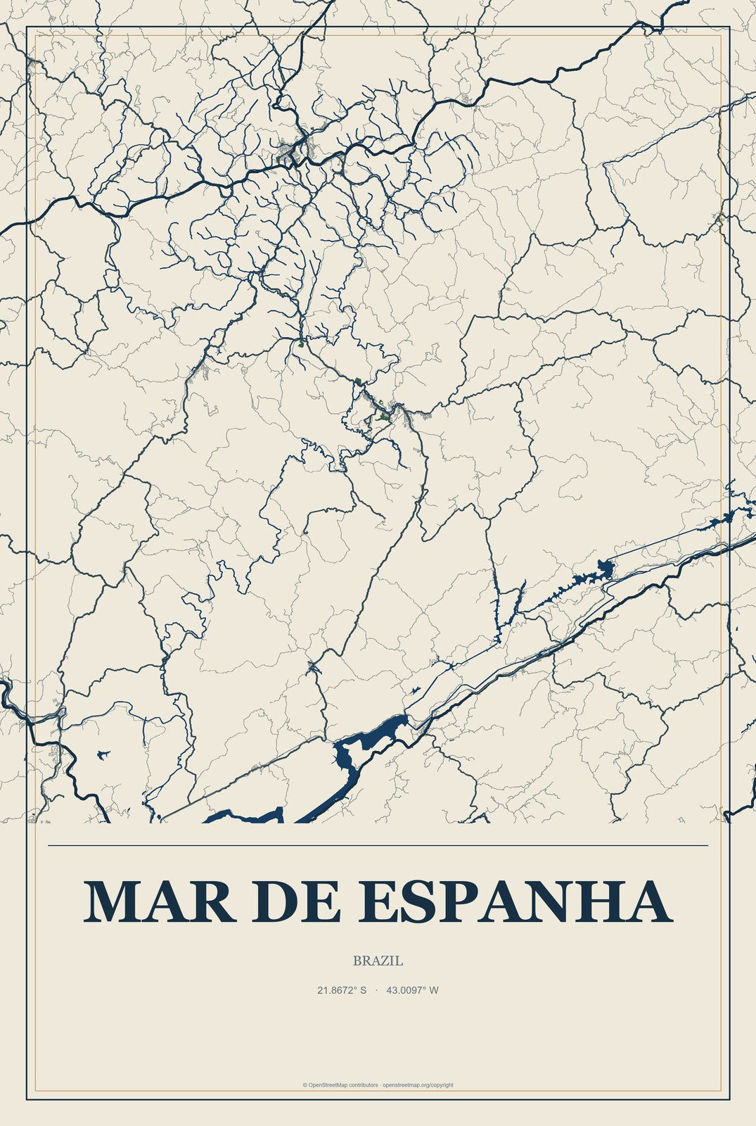 Mar de Espanha, Brazil City Map Aluminum Sign in Coastal Cutout style