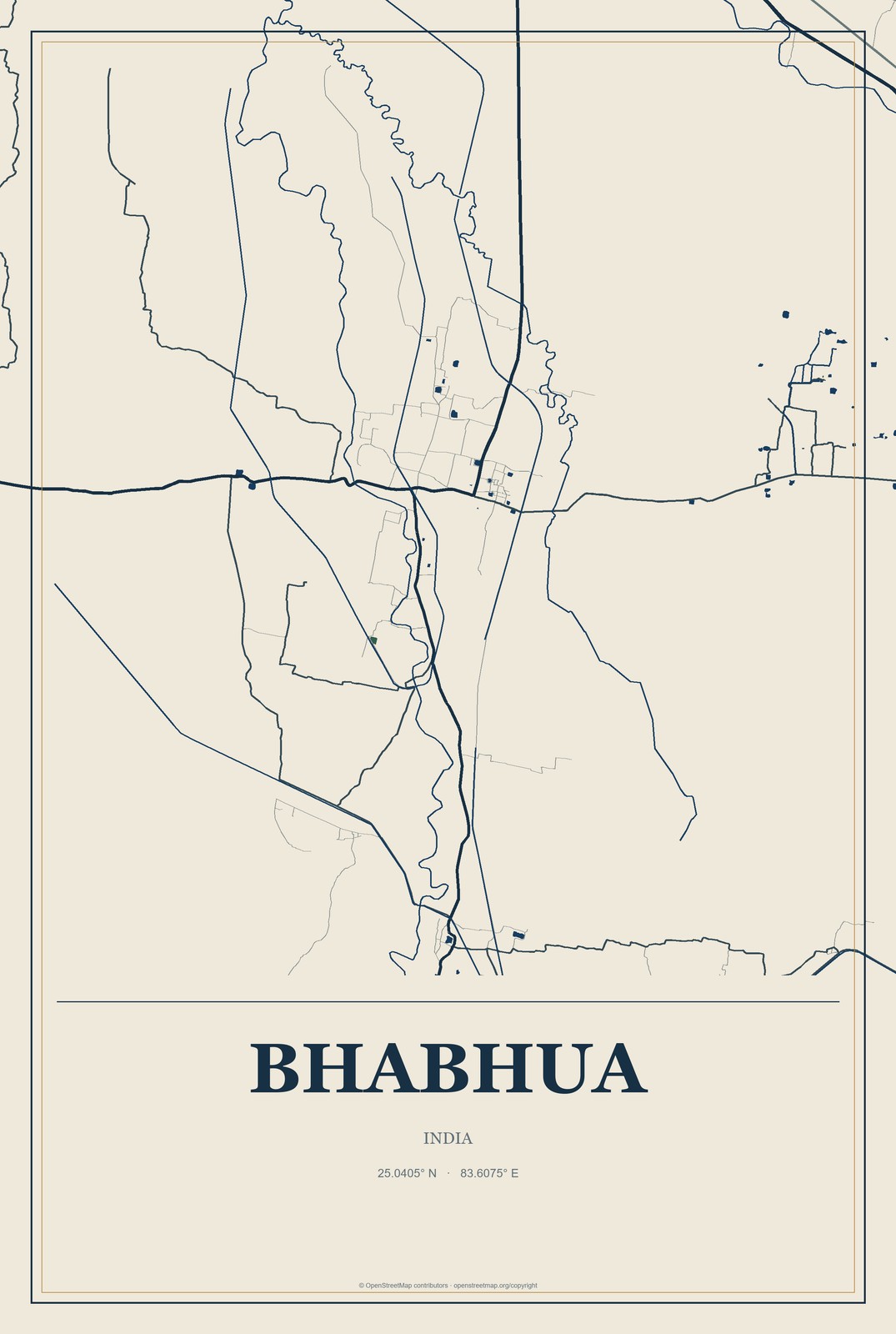 Bhabhua, India City Map Aluminum Sign in Coastal Cutout style