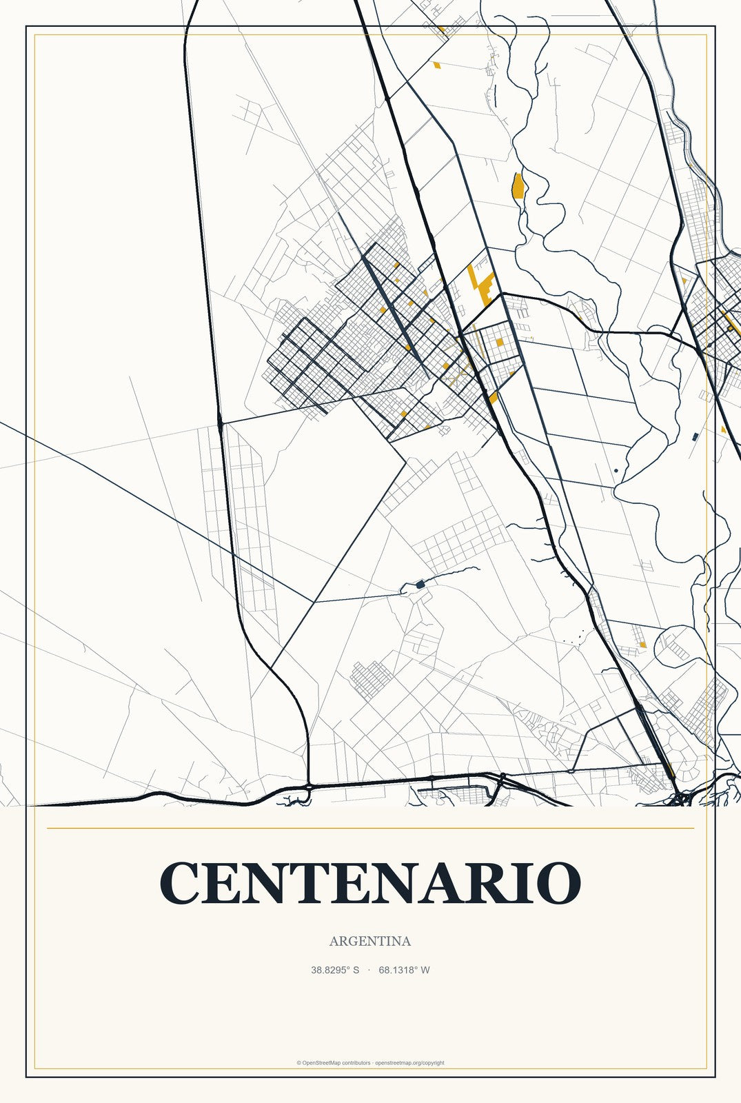 Centenario, Argentina City Map Aluminum Sign in Citrine Modern style