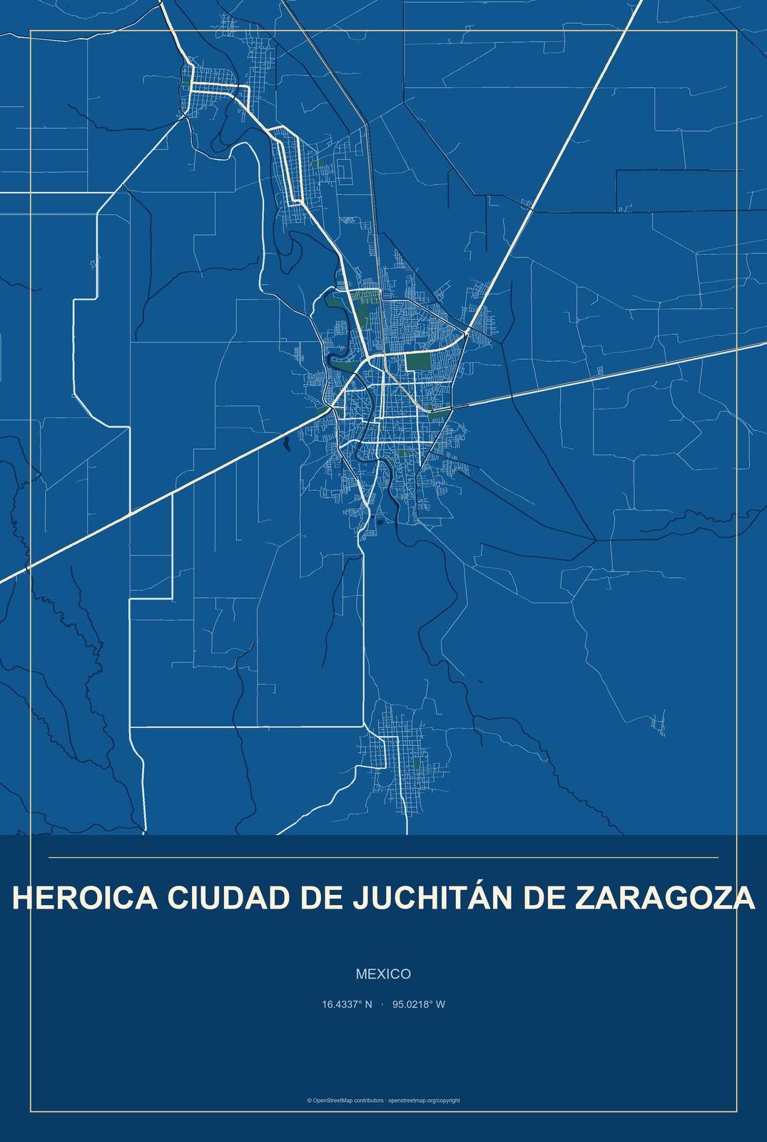 Heroica Ciudad de Juchitán de Zaragoza, Mexico City Map Aluminum Sign in Harbor Cobalt style