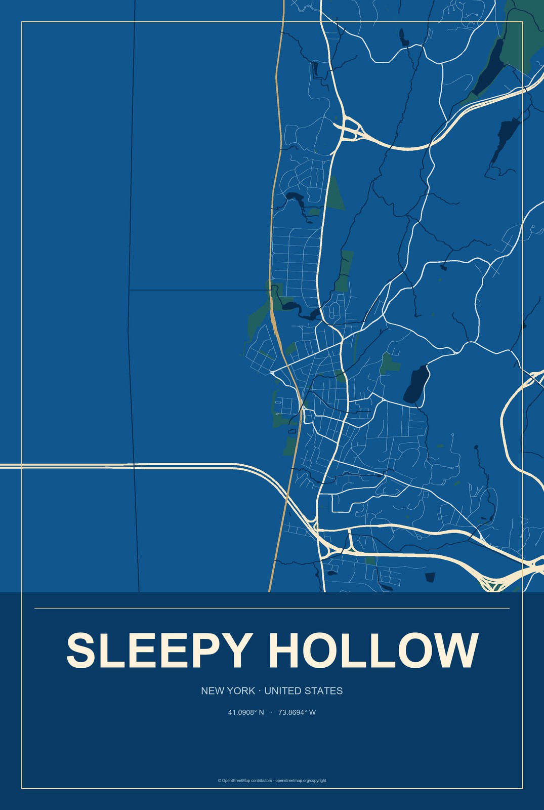 Sleepy Hollow, New York City Map Aluminum Sign in Harbor Cobalt style