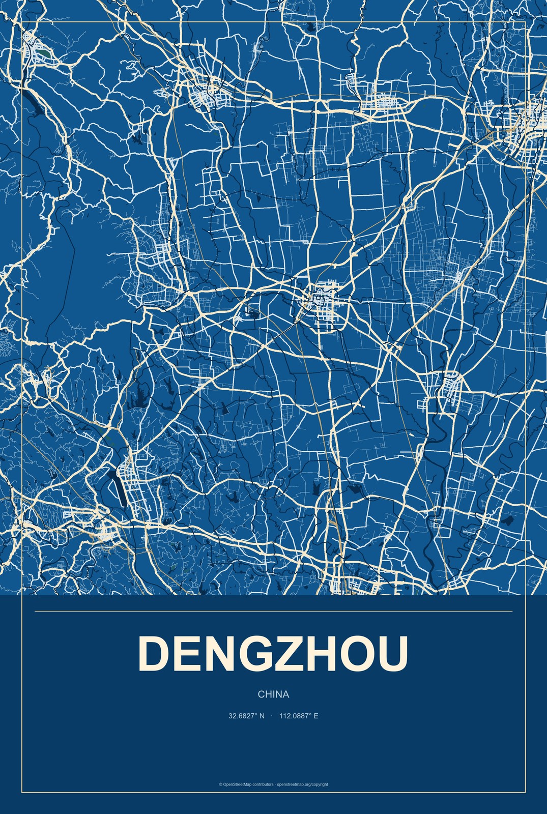 Dengzhou, Shandong, China City Map Aluminum Sign in Harbor Cobalt style
