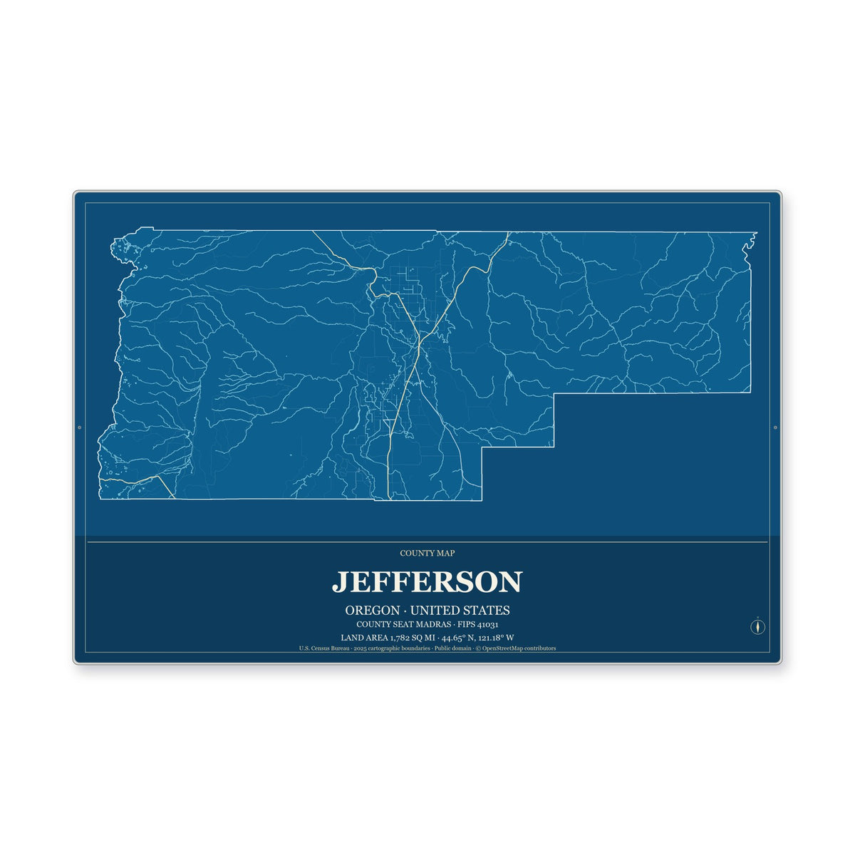 Jefferson County, Oregon Map Aluminum Sign in Harbor Cobalt style