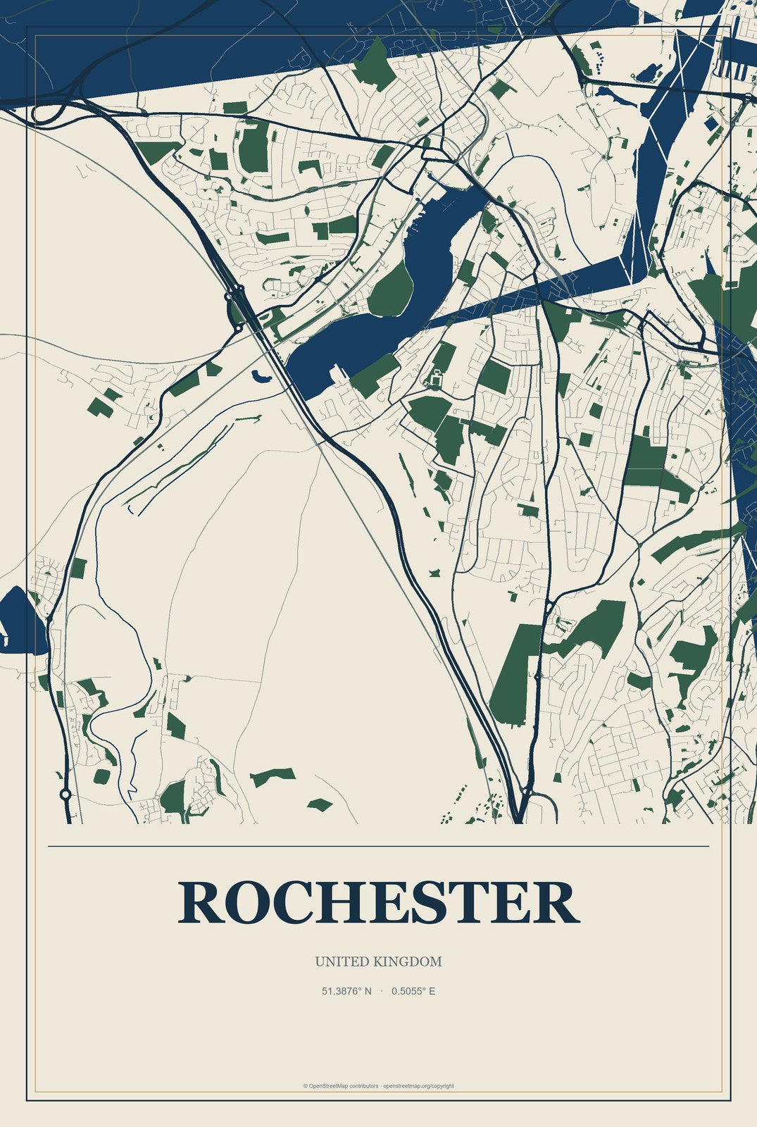 Rochester, United Kingdom City Map Aluminum Sign in Coastal Cutout style