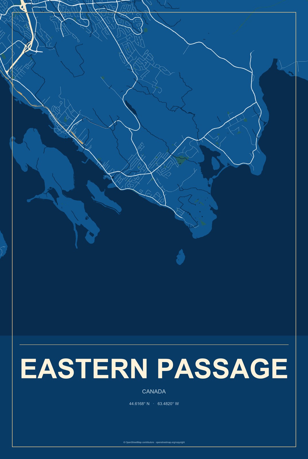 Eastern Passage, Canada City Map Aluminum Sign in Harbor Cobalt style