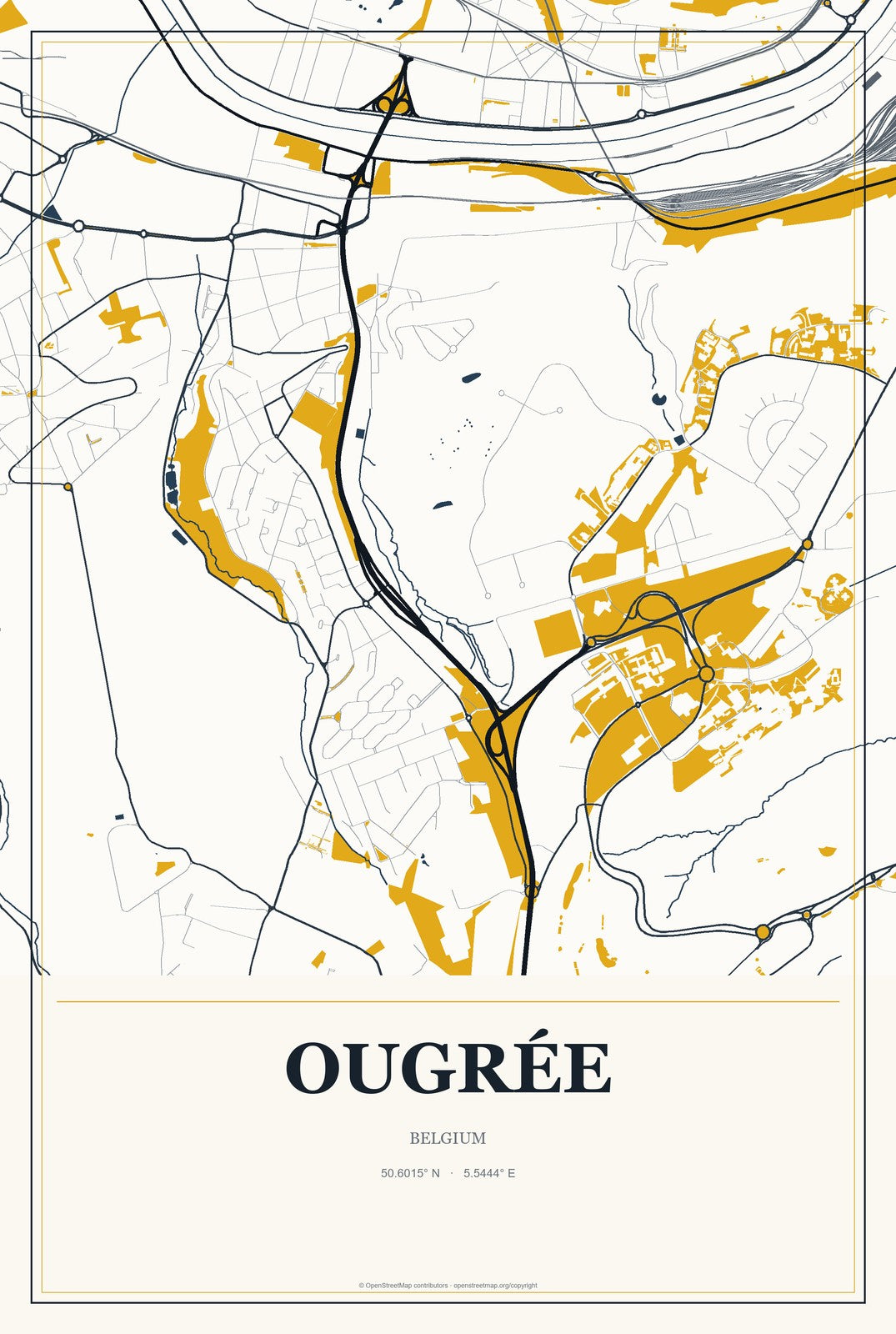 Ougrée, Belgium City Map Aluminum Sign in Citrine Modern style