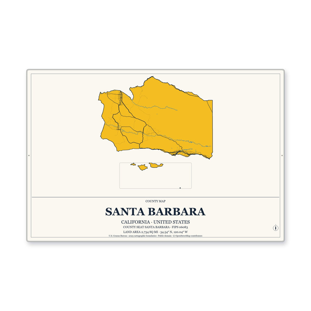 Santa Barbara County, California Map Aluminum Sign in Citrine Modern style