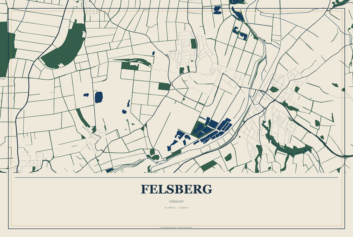Felsberg, Germany City Map Aluminum Sign in Coastal Cutout style
