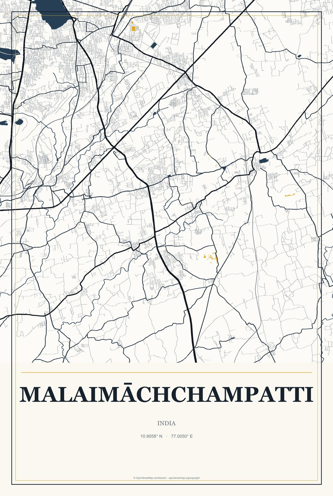 Malaimāchchampatti, India City Map Aluminum Sign in Citrine Modern style