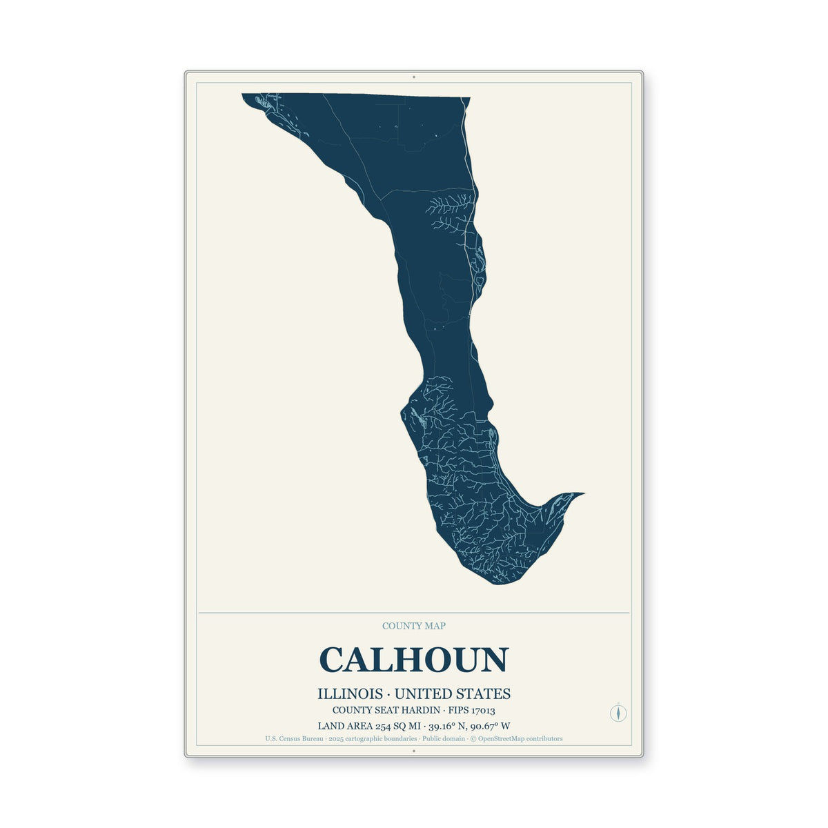Calhoun County, Illinois Map Aluminum Sign in Coastal Cutout style