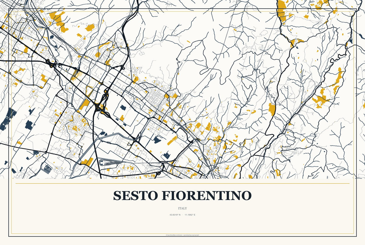 Sesto Fiorentino, Italy City Map Aluminum Sign in Citrine Modern style