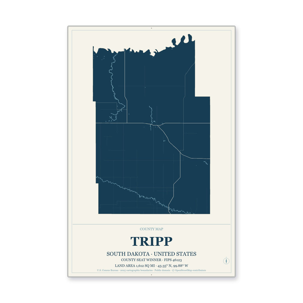 Tripp County, South Dakota Map Aluminum Sign in Coastal Cutout style