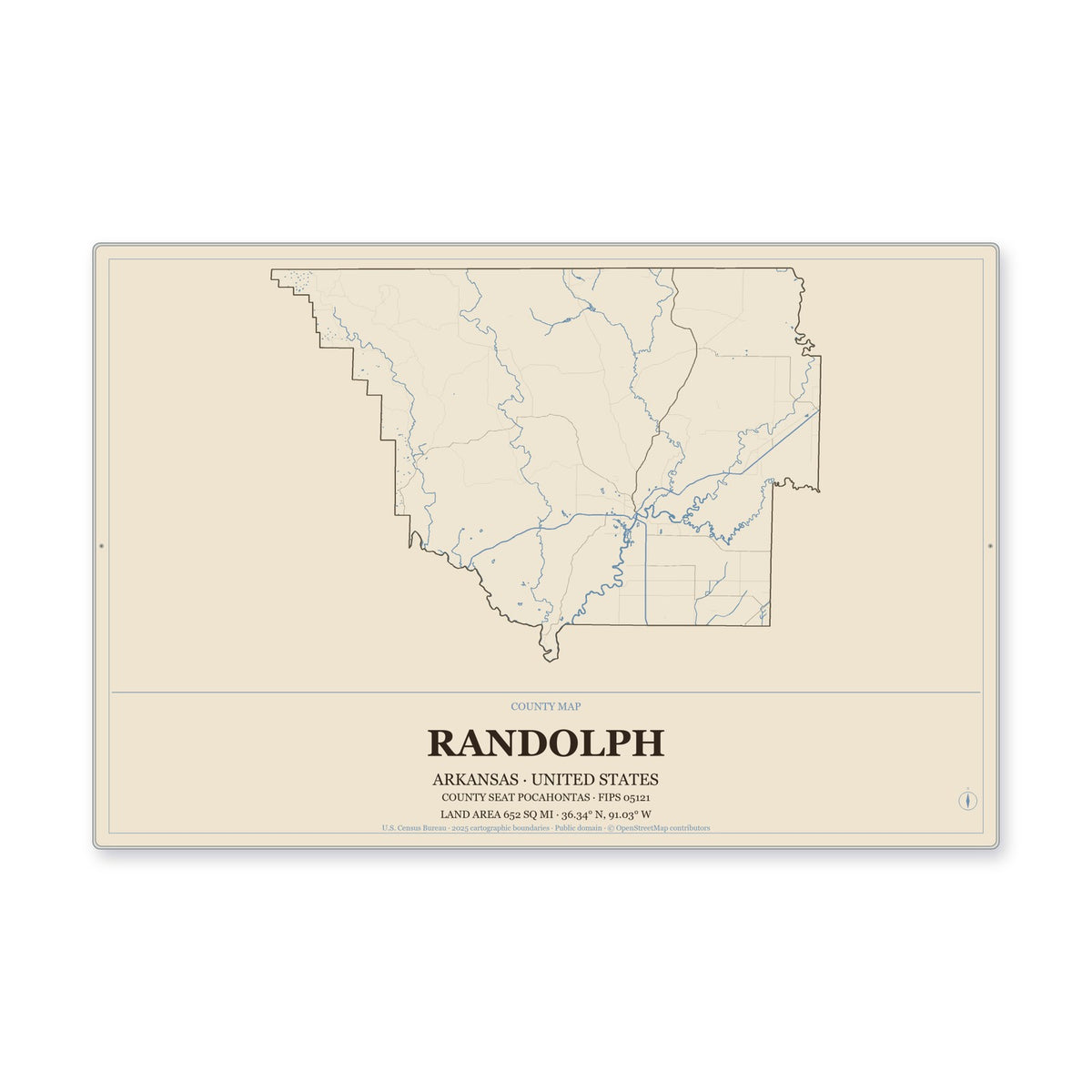 Randolph County, Arkansas Map Aluminum Sign in Heritage Nautical style