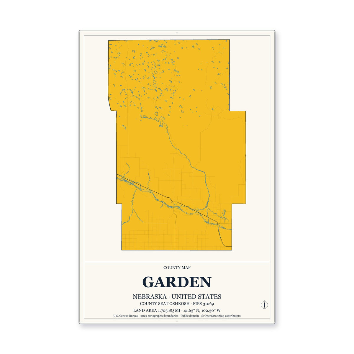 Garden County, Nebraska Map Aluminum Sign in Citrine Modern style