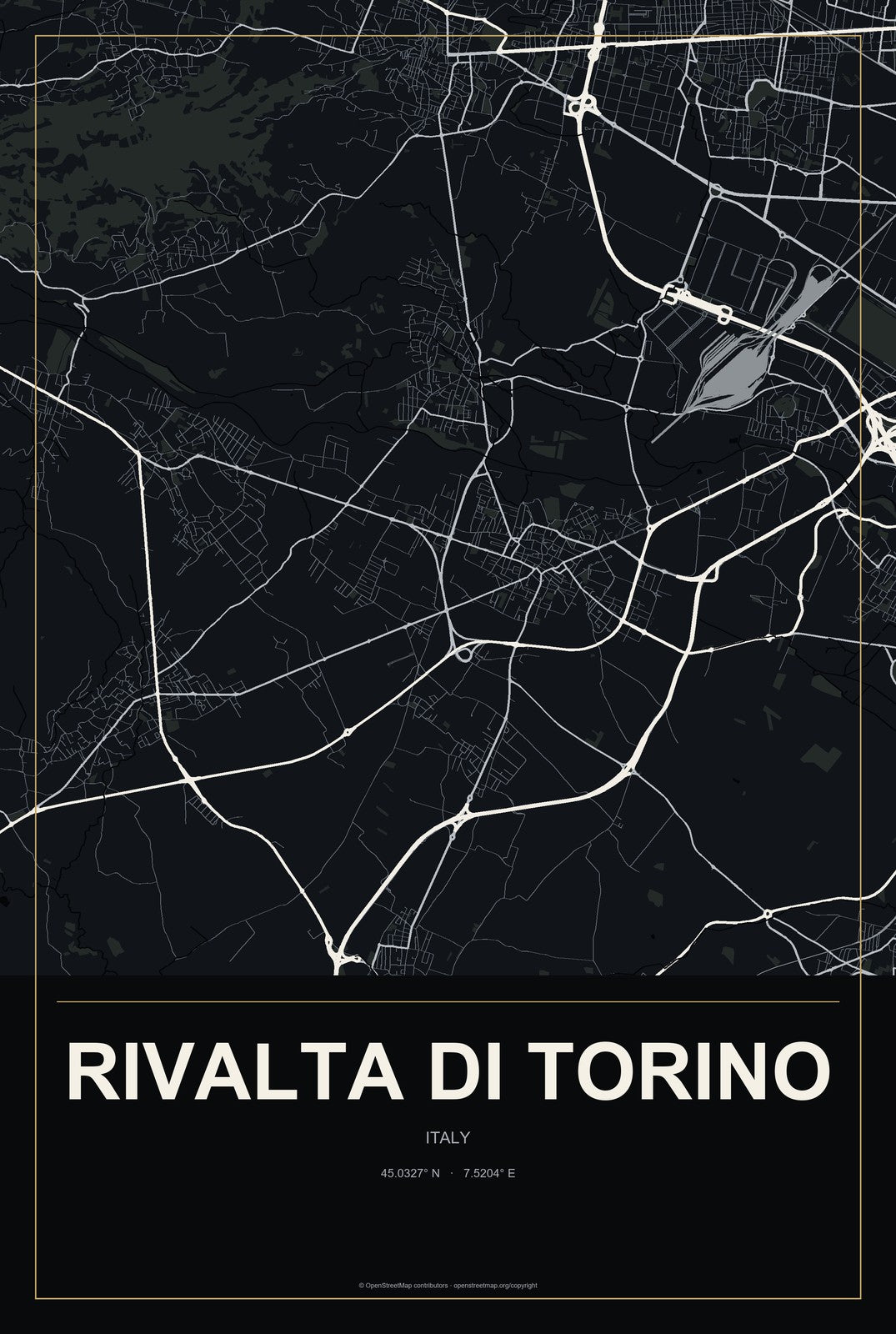 Rivalta di Torino, Italy City Map Aluminum Sign in Metropolitan Noir style