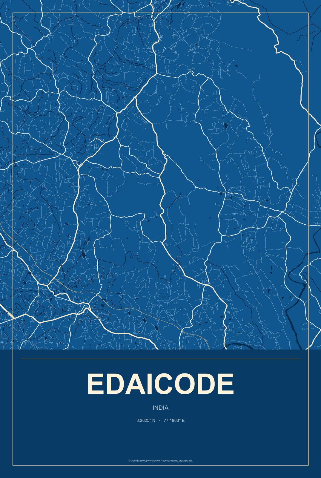 Edaicode, India City Map Aluminum Sign in Harbor Cobalt style
