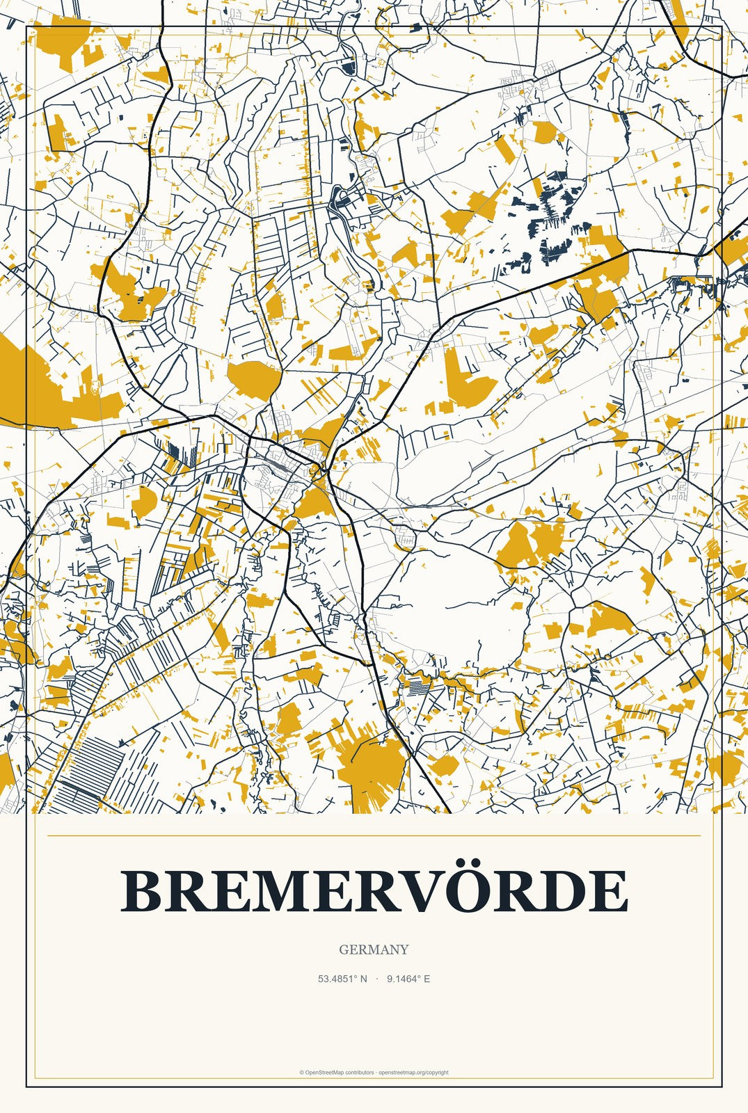 Bremervörde, Germany City Map Aluminum Sign in Citrine Modern style