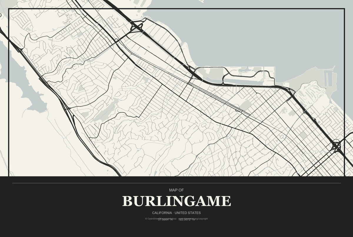 Burlingame, California City Map Aluminum Sign in Museum Plaque style