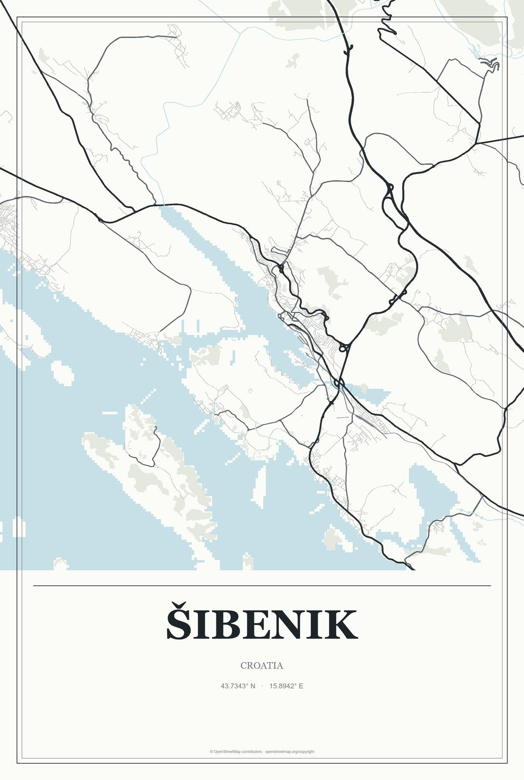 Šibenik, Croatia City Map Aluminum Sign in Gallery Air style