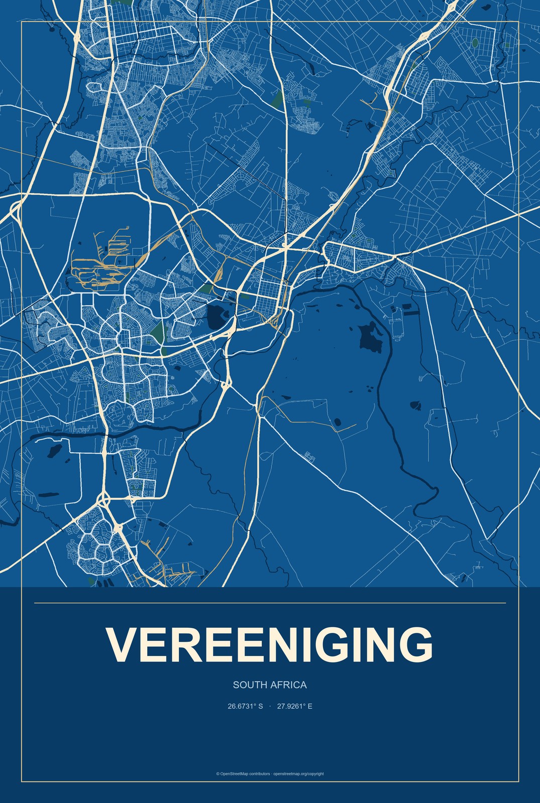 Vereeniging, South Africa City Map Aluminum Sign in Harbor Cobalt style