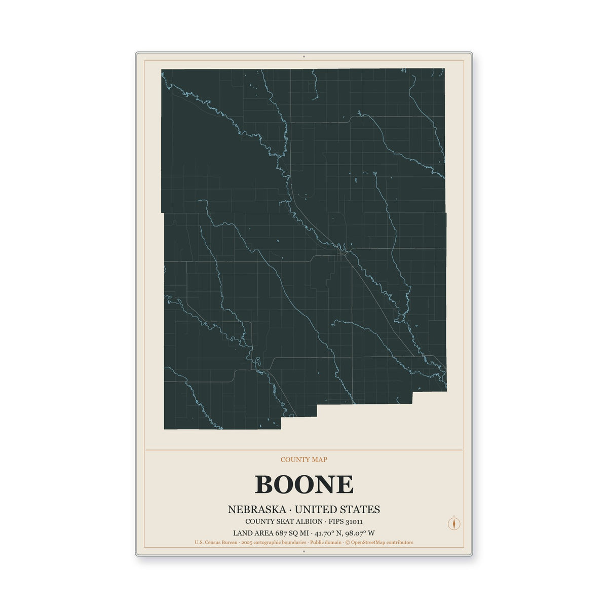 Boone County, Nebraska Map Aluminum Sign in Headline Atlas style