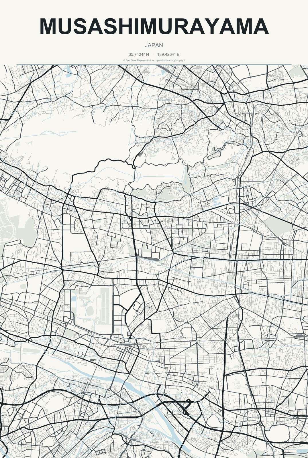 Musashimurayama, Japan City Map Aluminum Sign in Headline Atlas style