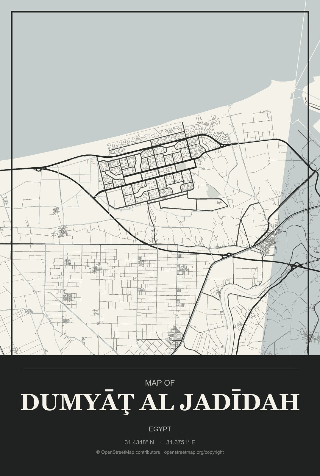 Dumyāţ al Jadīdah, Egypt City Map Aluminum Sign in Museum Plaque style
