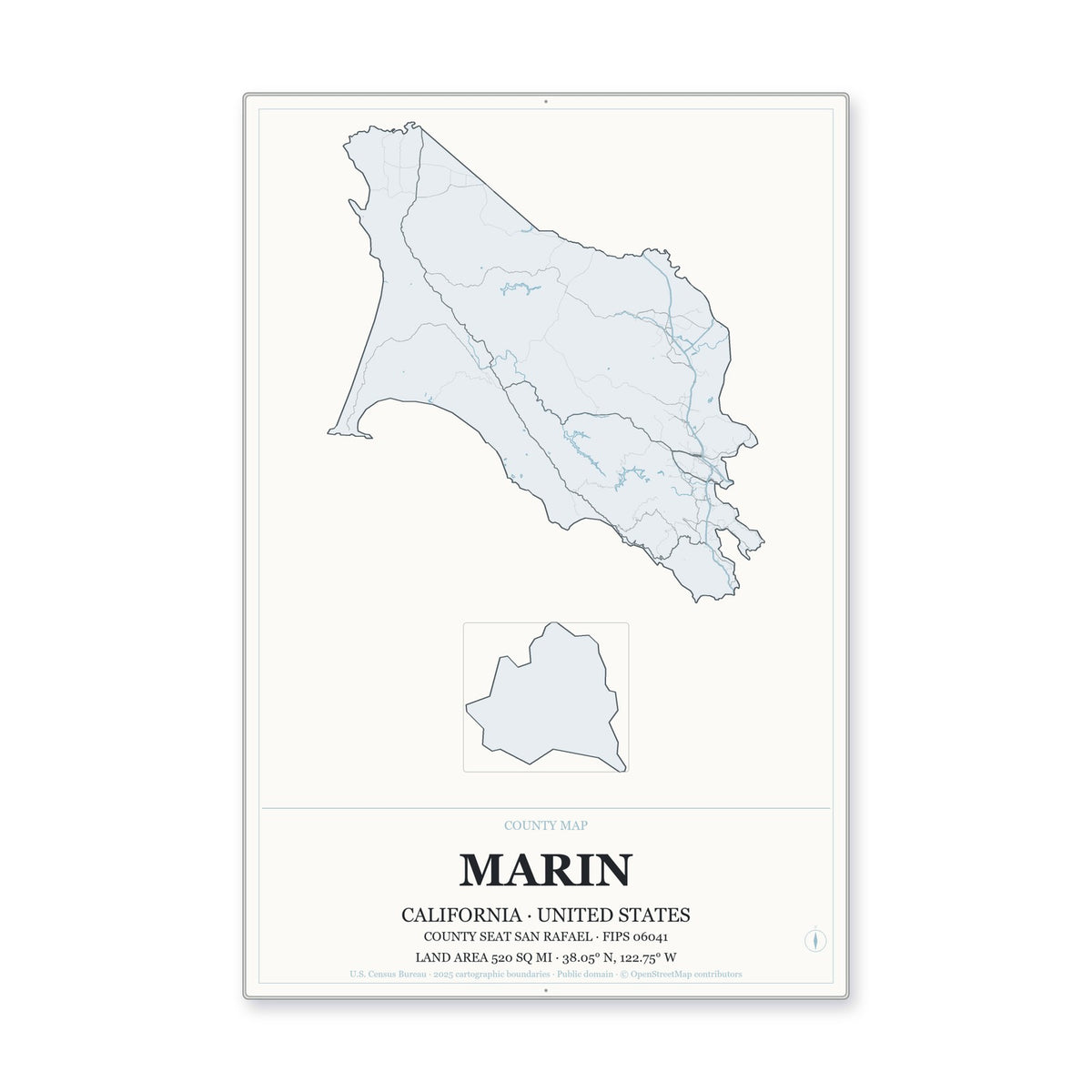 Marin County, California Map Aluminum Sign in Gallery Air style