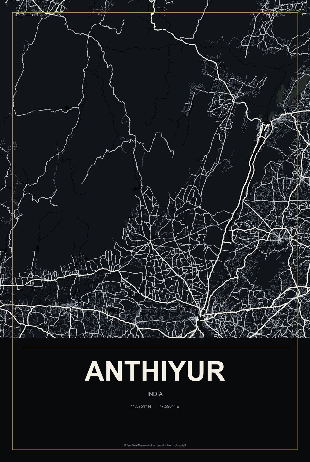 Anthiyur, India City Map Aluminum Sign in Metropolitan Noir style