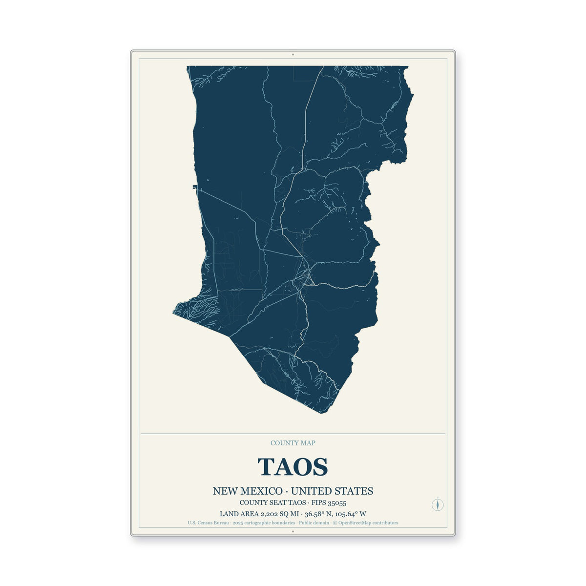 Taos County, New Mexico Map Aluminum Sign in Coastal Cutout style