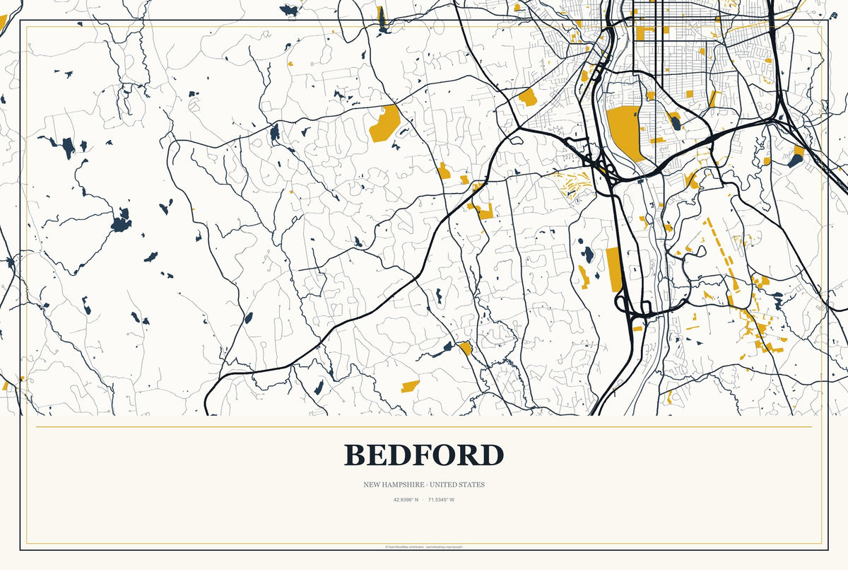 Bedford, New Hampshire City Map Aluminum Sign in Citrine Modern style