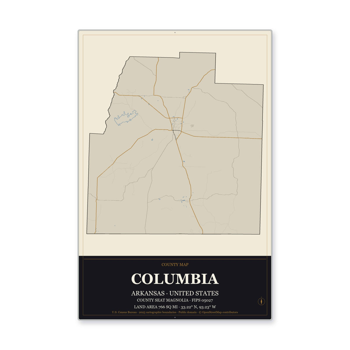 Columbia County, Arkansas Map Aluminum Sign in Museum Plaque style