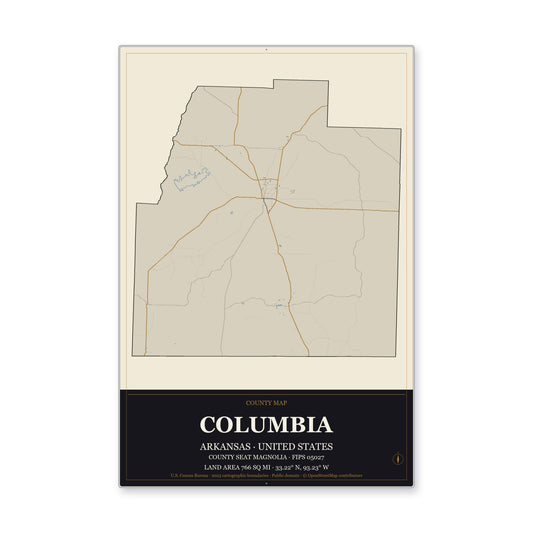 Columbia County, Arkansas Map Aluminum Sign in Museum Plaque style