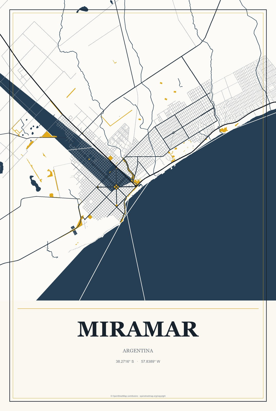 Miramar, Argentina City Map Aluminum Sign in Citrine Modern style
