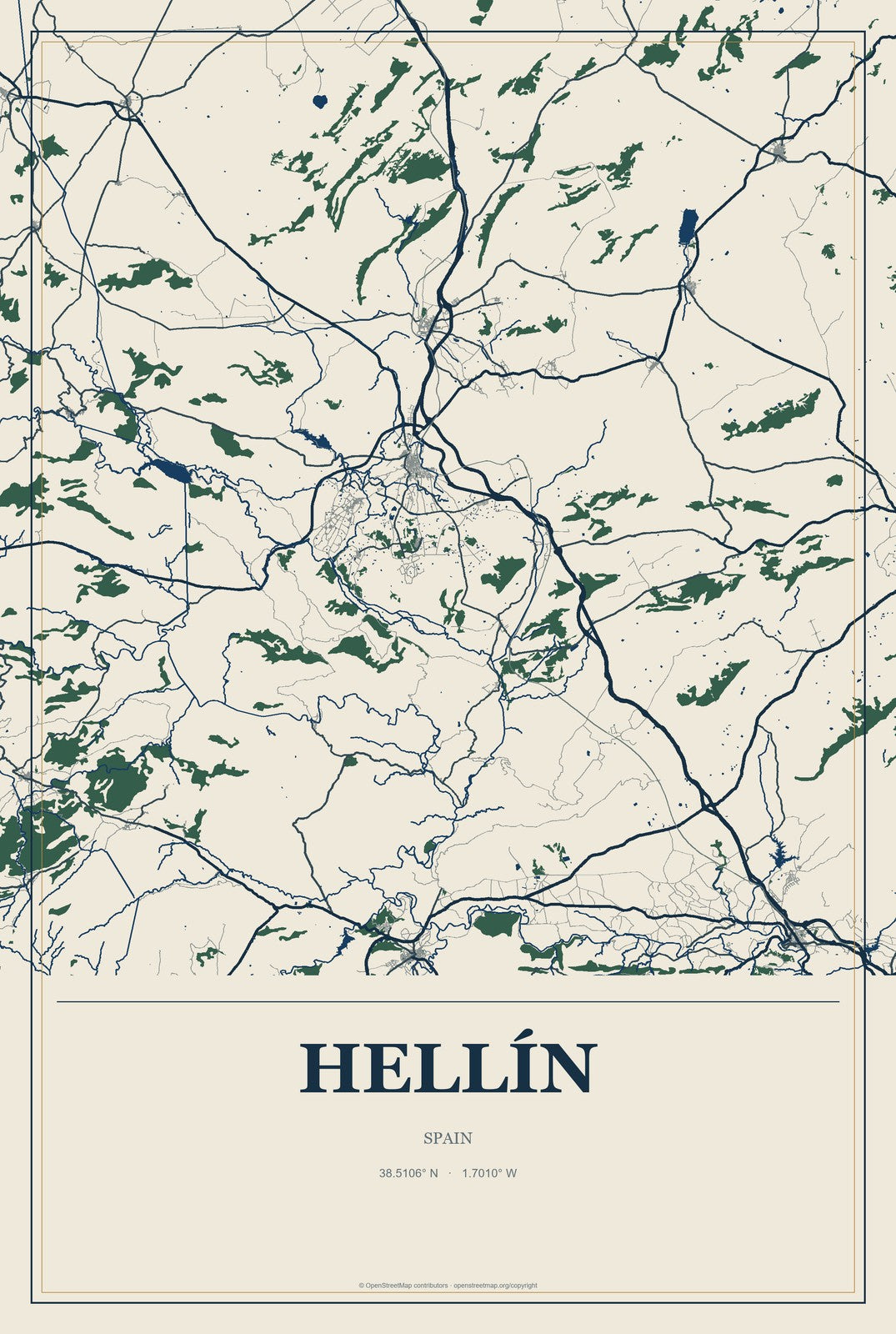 Hellín, Spain City Map Aluminum Sign in Coastal Cutout style