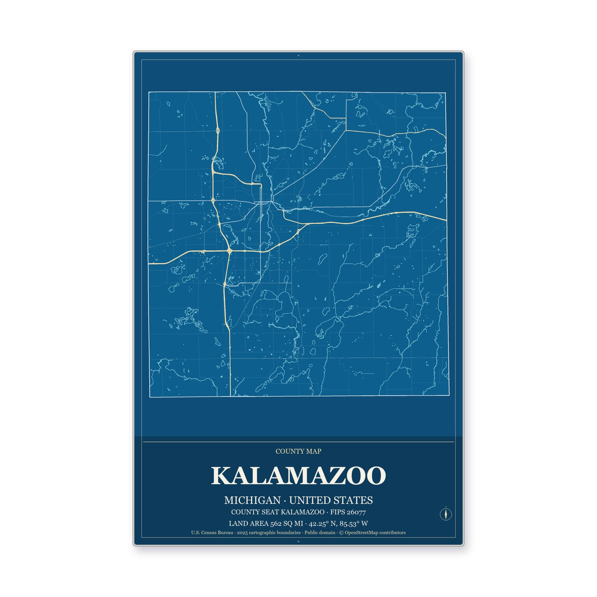 Kalamazoo County, Michigan Map Aluminum Sign in Harbor Cobalt style