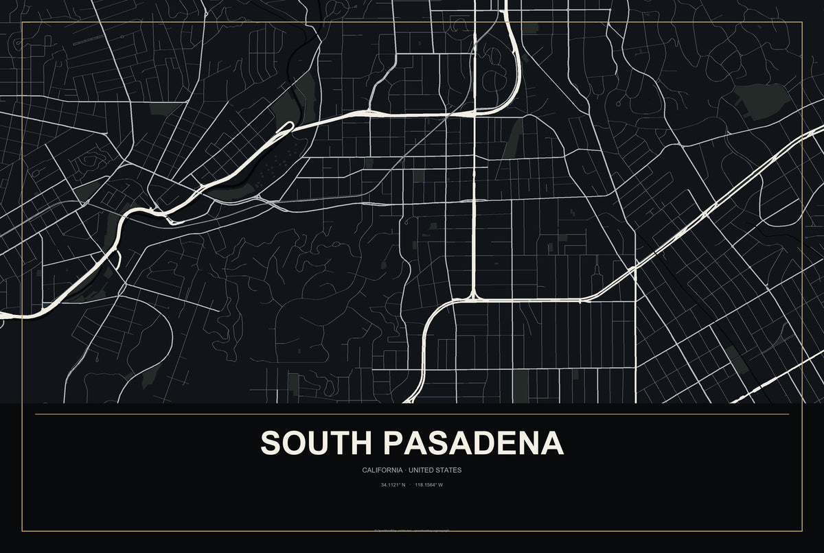 South Pasadena, California City Map Aluminum Sign in Metropolitan Noir style