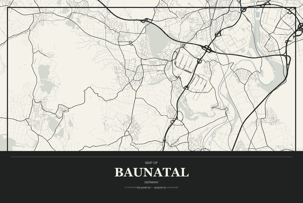 Baunatal, Germany City Map Aluminum Sign in Museum Plaque style