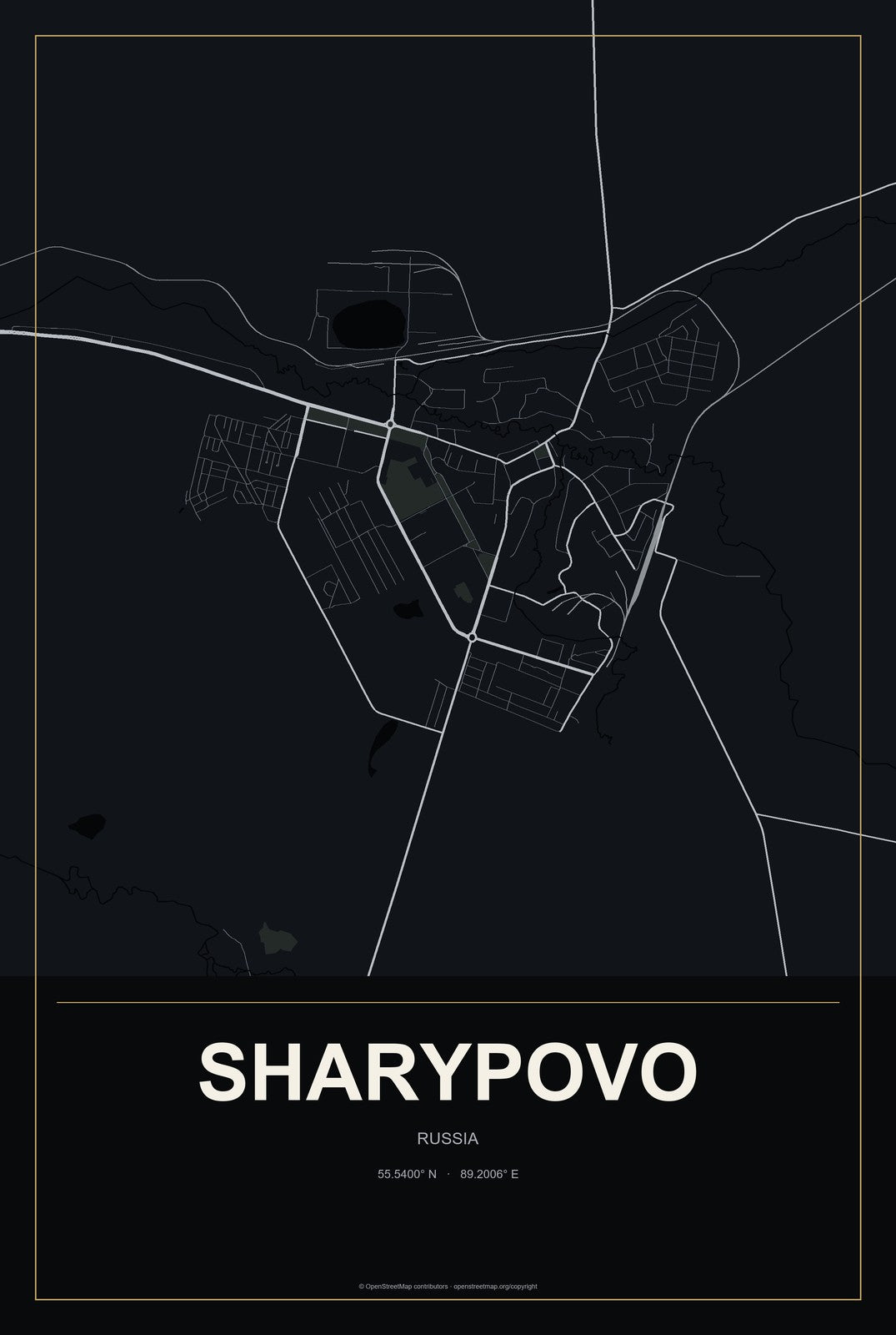 Sharypovo, Russia City Map Aluminum Sign in Metropolitan Noir style