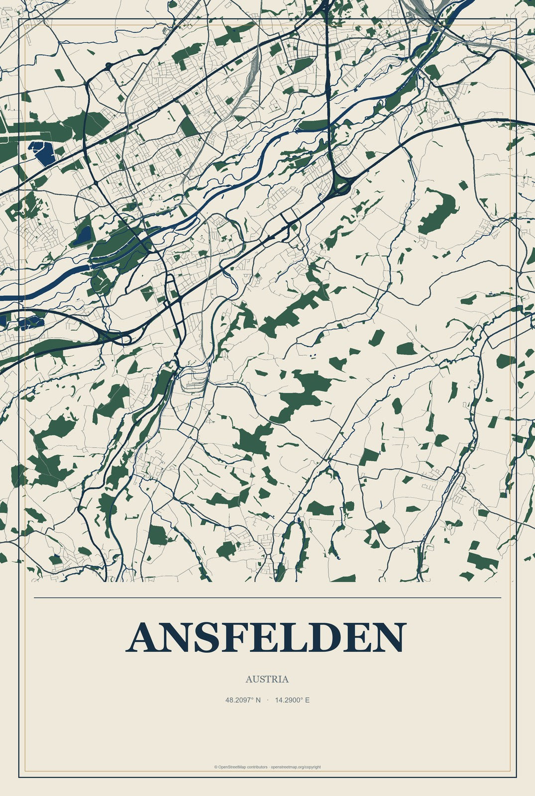 Ansfelden, Austria City Map Aluminum Sign in Coastal Cutout style