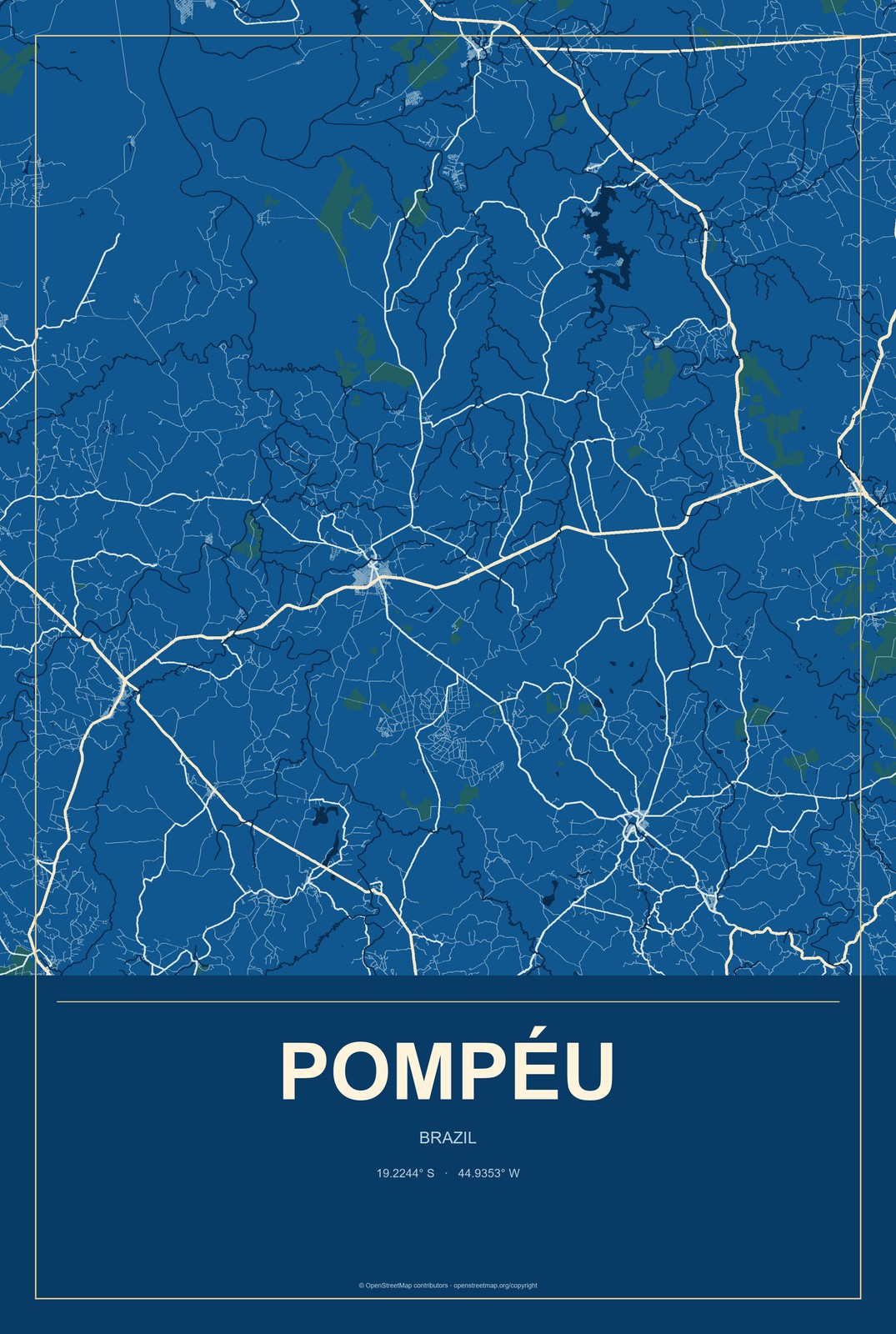 Pompéu, Brazil City Map Aluminum Sign in Harbor Cobalt style