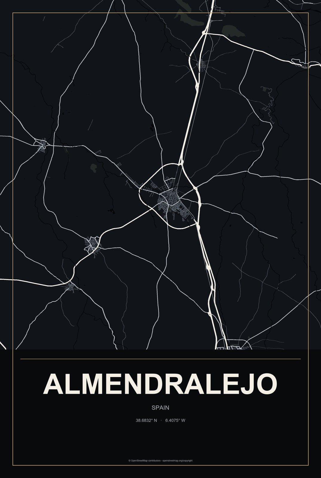 Almendralejo, Spain City Map Aluminum Sign in Metropolitan Noir style