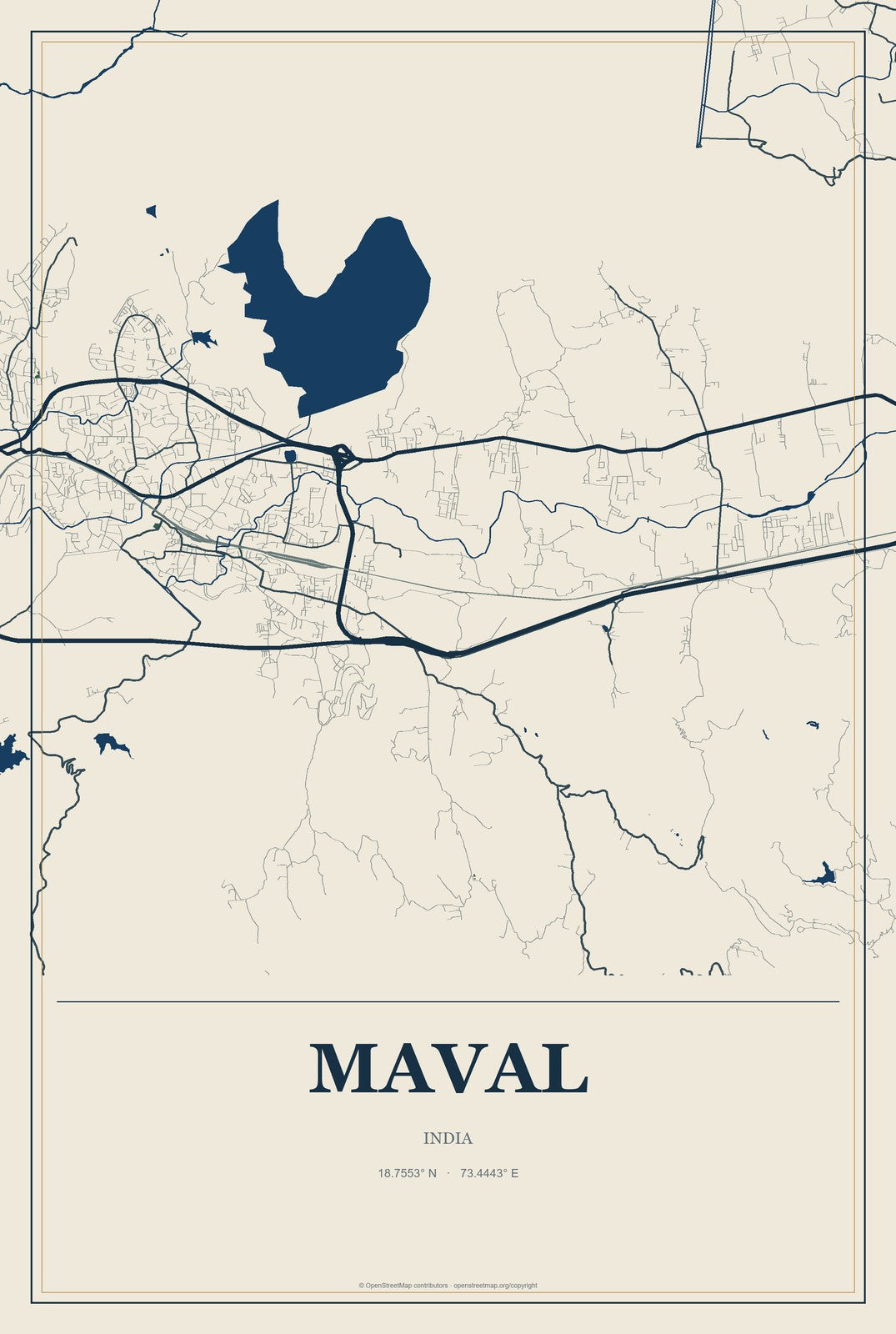 Maval, India City Map Aluminum Sign in Coastal Cutout style