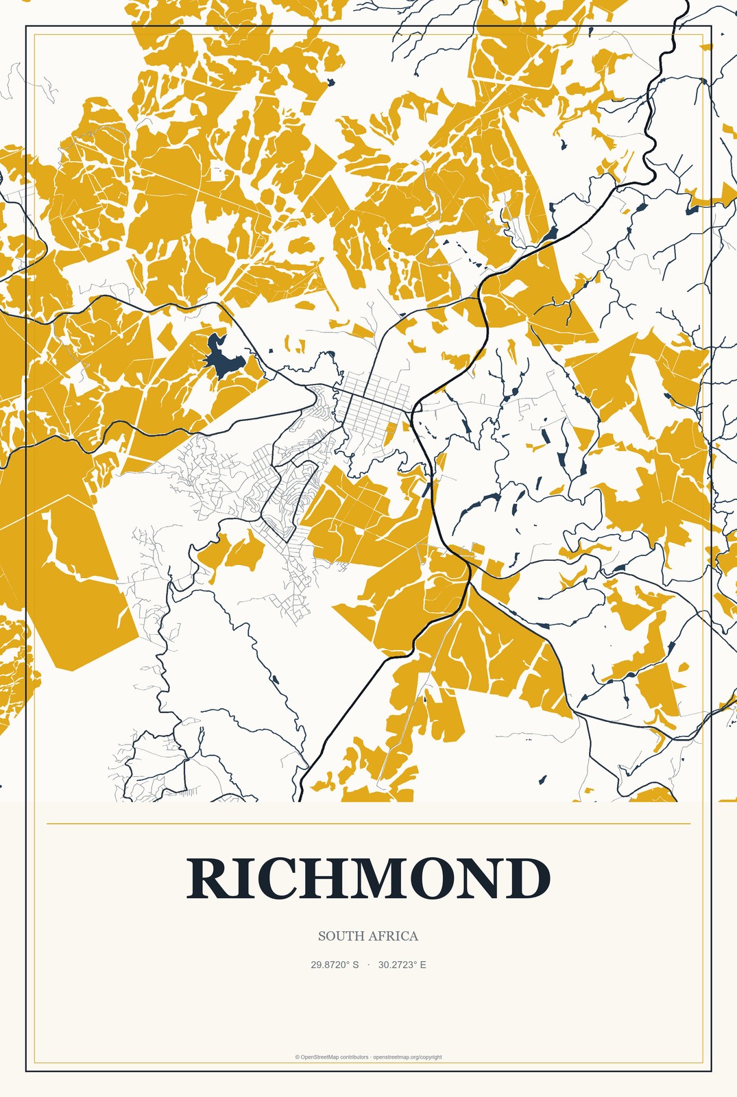 Richmond, South Africa City Map Aluminum Sign in Citrine Modern style