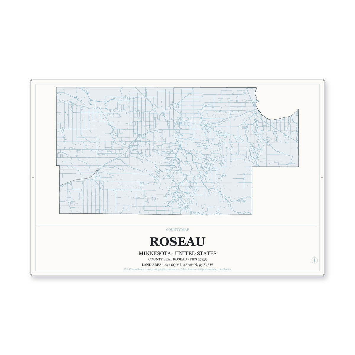 Roseau County, Minnesota Map Aluminum Sign in Gallery Air style