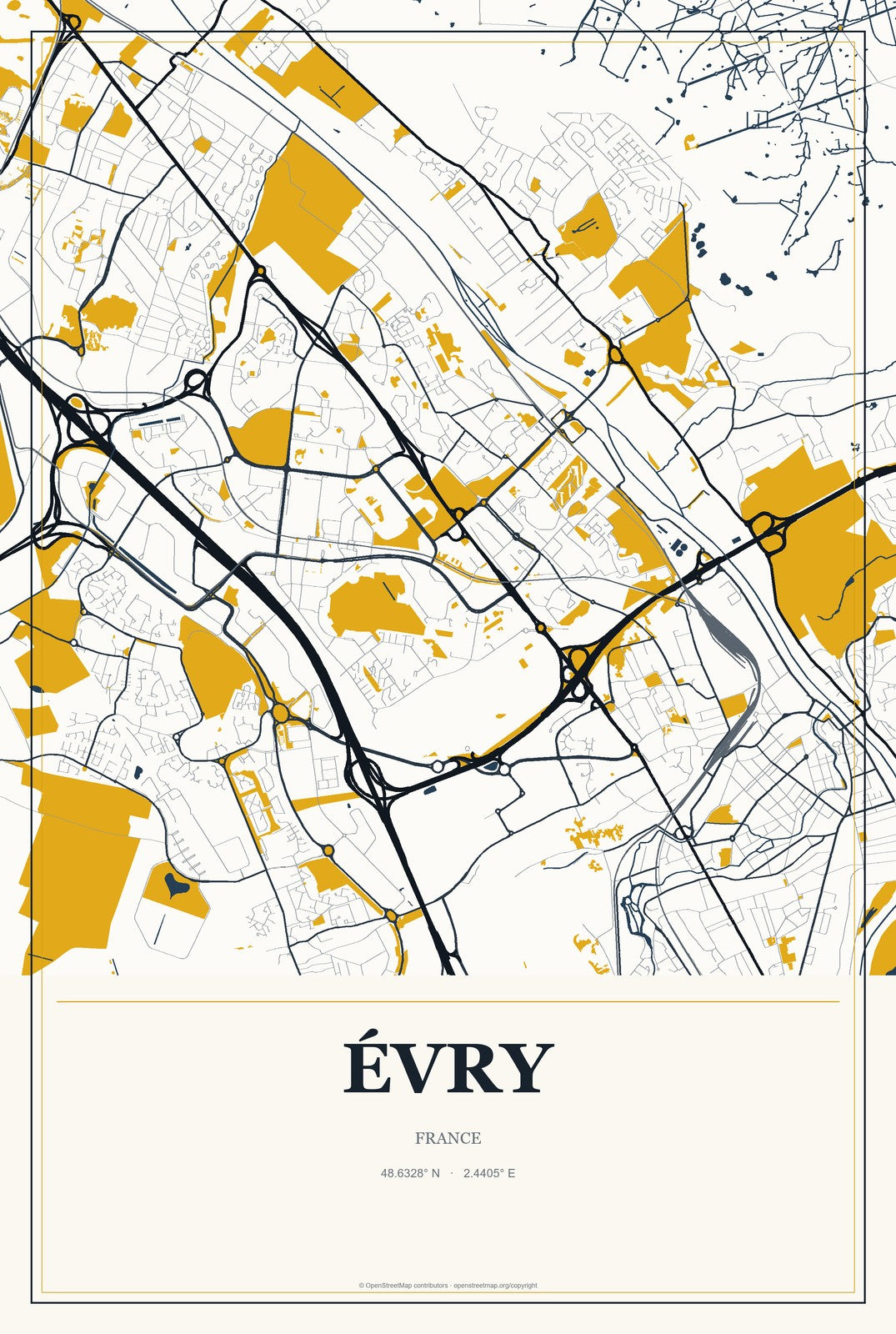 Évry, France City Map Aluminum Sign in Citrine Modern style