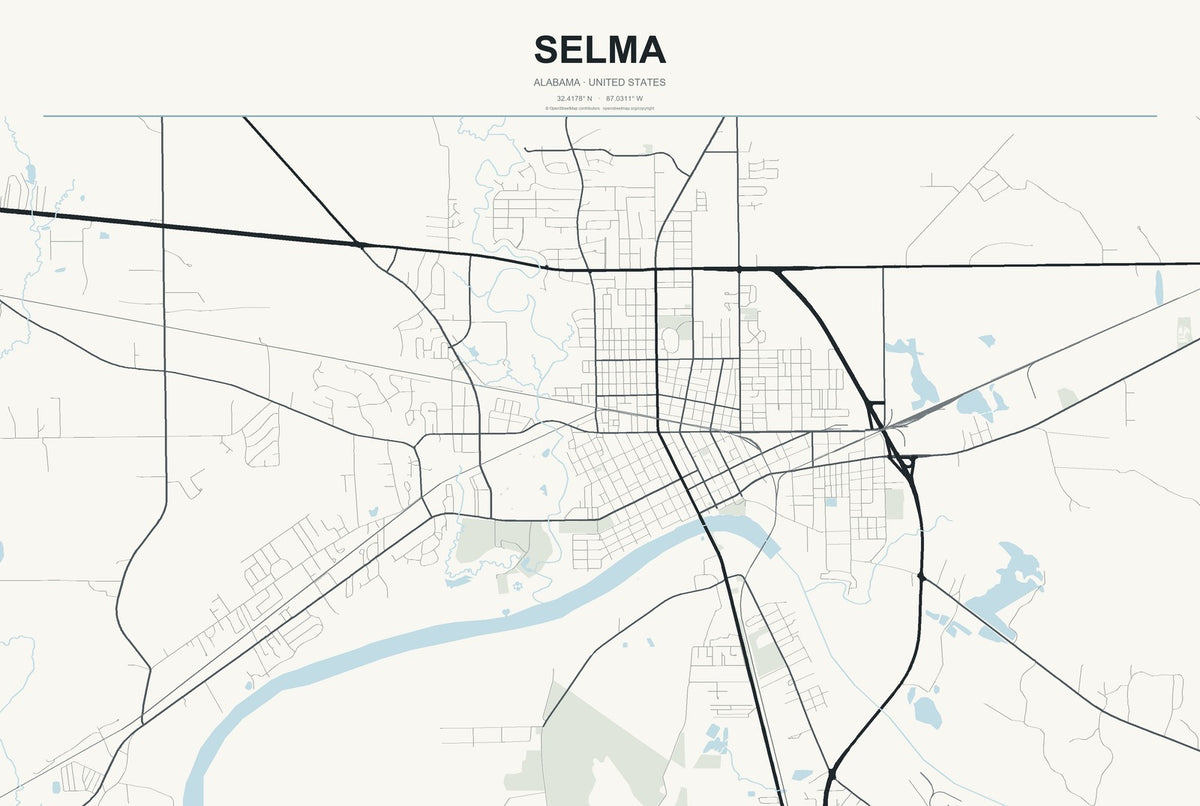 Selma, Alabama City Map Aluminum Sign in Headline Atlas style