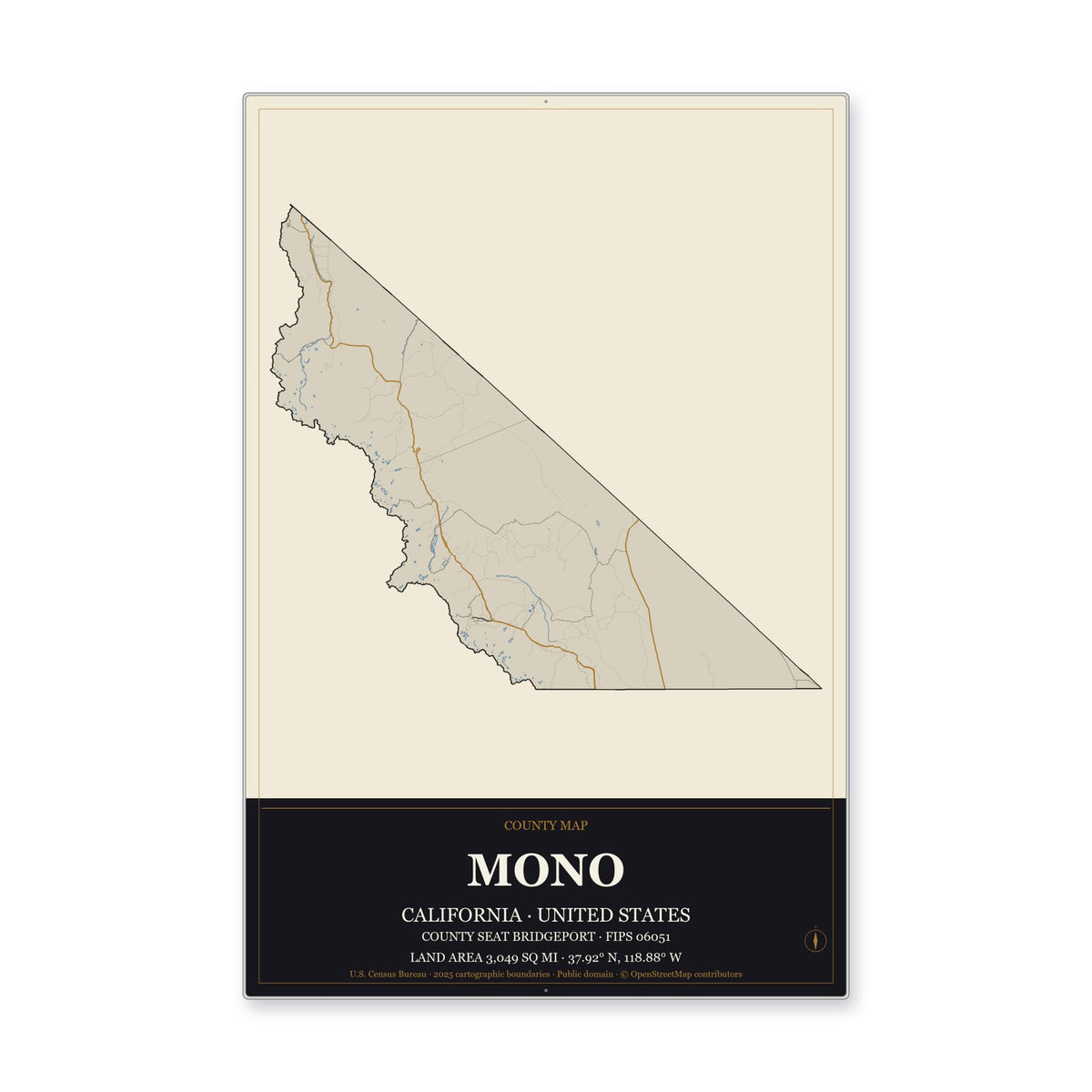 Mono County, California Map Aluminum Sign in Museum Plaque style